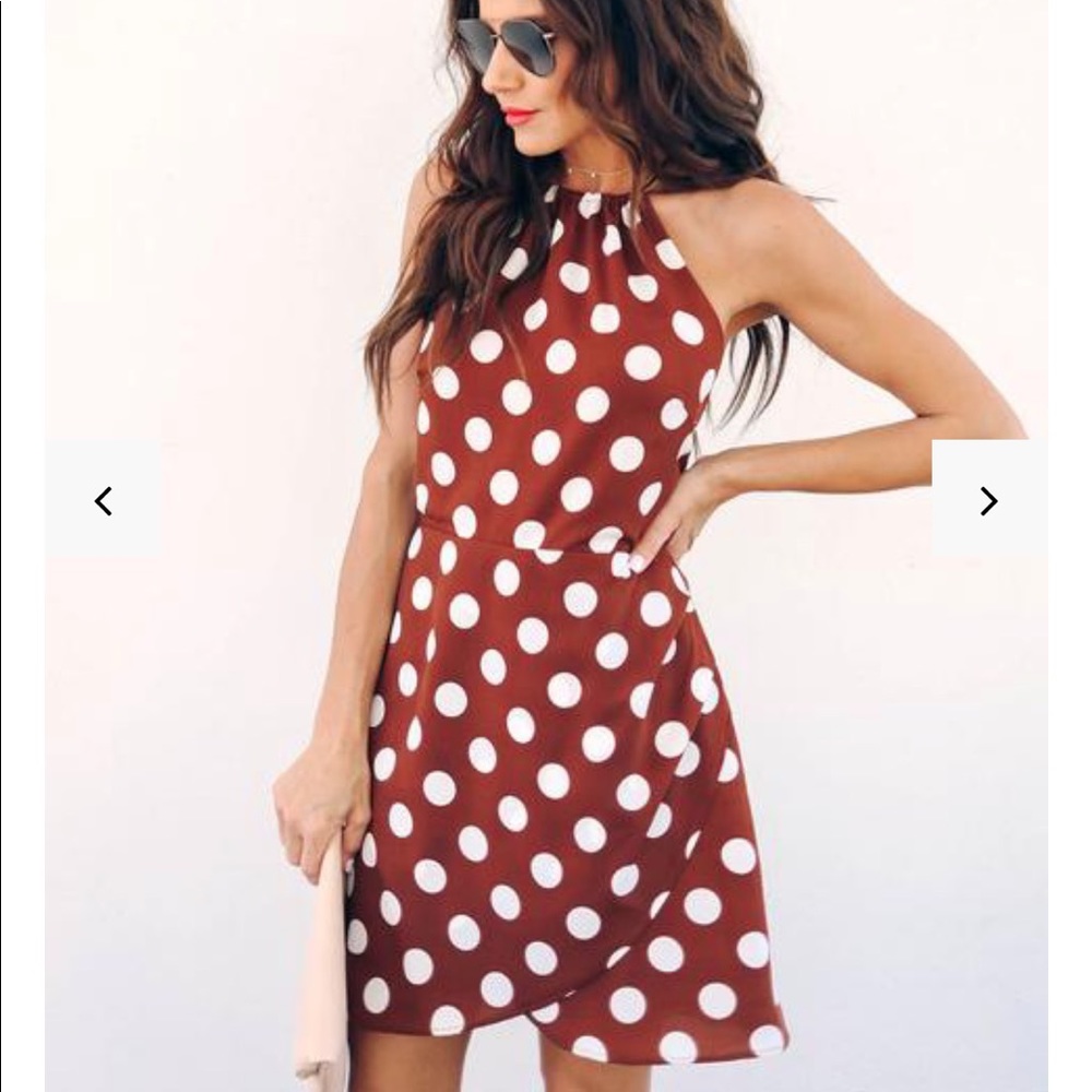 Brown White Polka Dot Halter Dress in Small